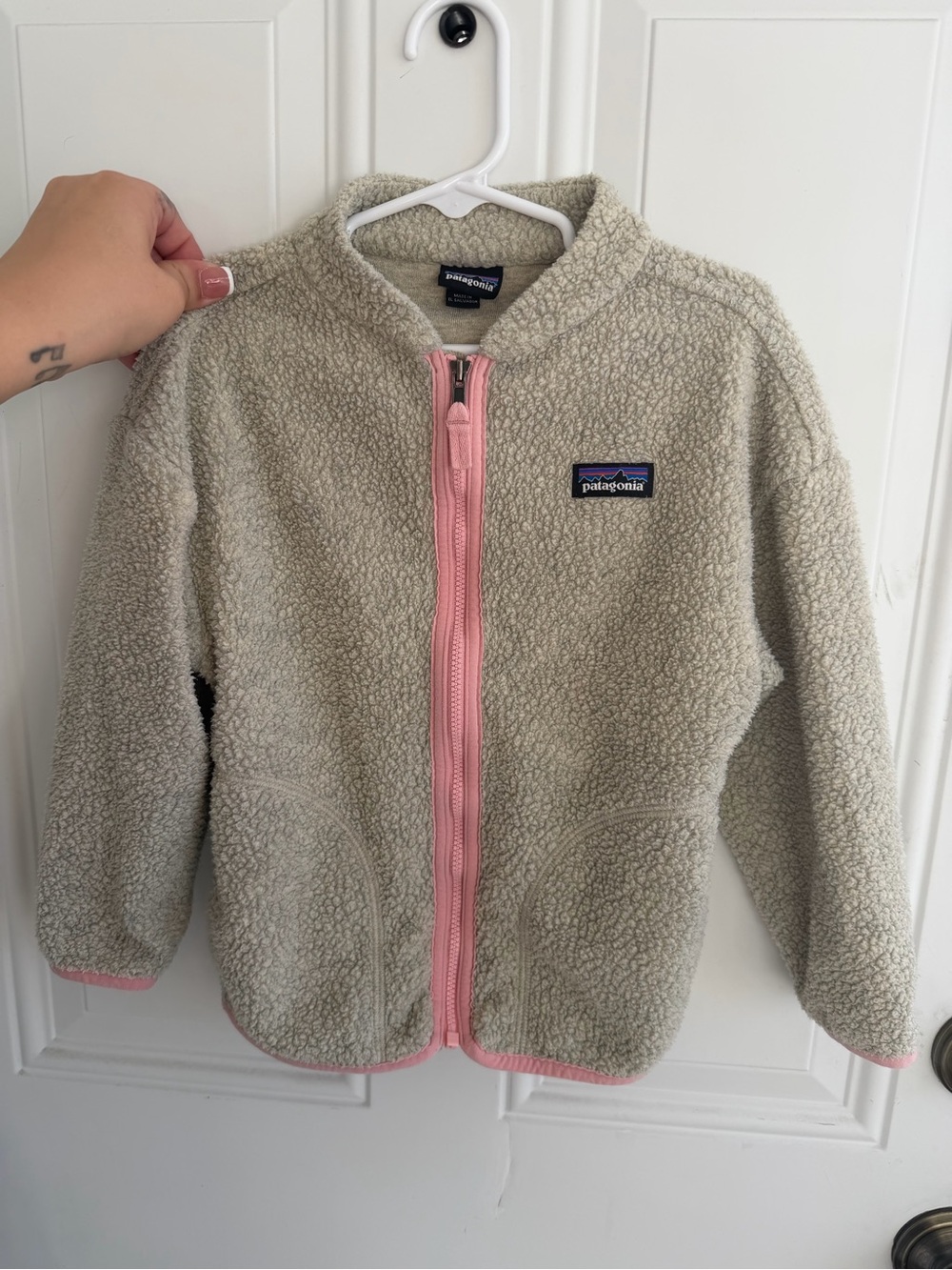 Patagonia Kids Sherpa Jacket in Beige with Pink Trim